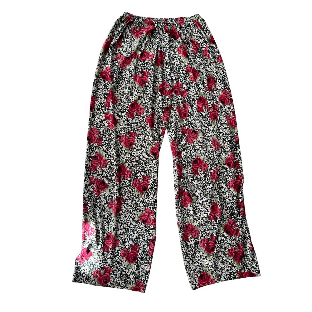 Floral Wide Leg Pants Womens Red Rose‎ Print Elastic Waist Relaxed Trousers M